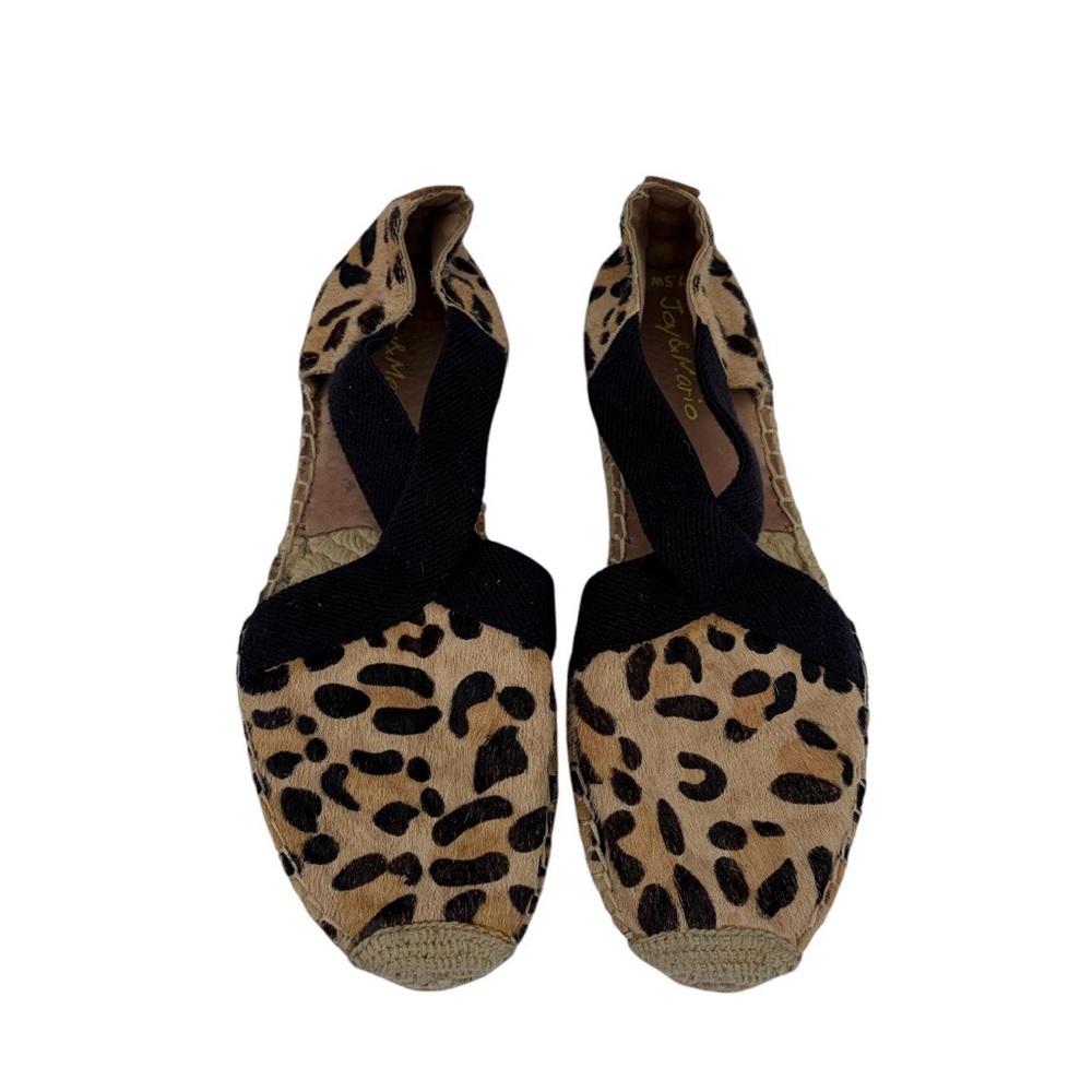 Leopard fur flat Espadrille Black crisscross Straps size 7.5 W